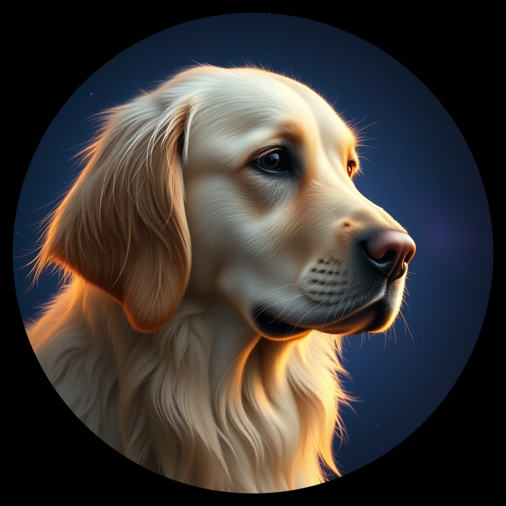 Cosmic medallion portrait of GRLS_grlsBANWX1MM, a Golden Retriever