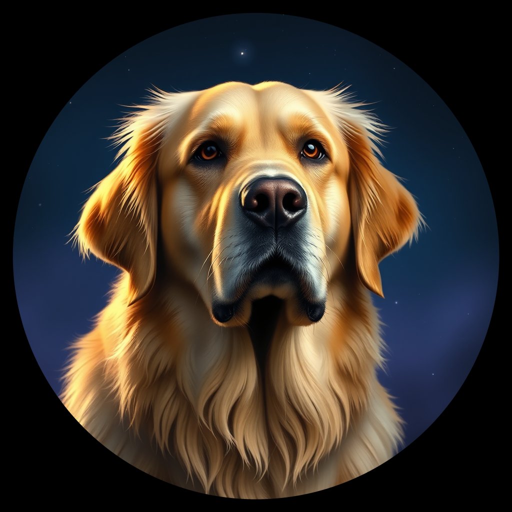 Cosmic medallion portrait of GRLS_grlsBBNS48MM, a Golden Retriever