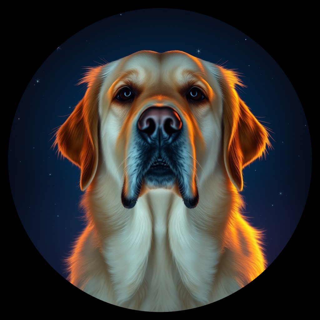 Cosmic medallion portrait of GRLS_grlsBDJDLSYY, a Golden Retriever