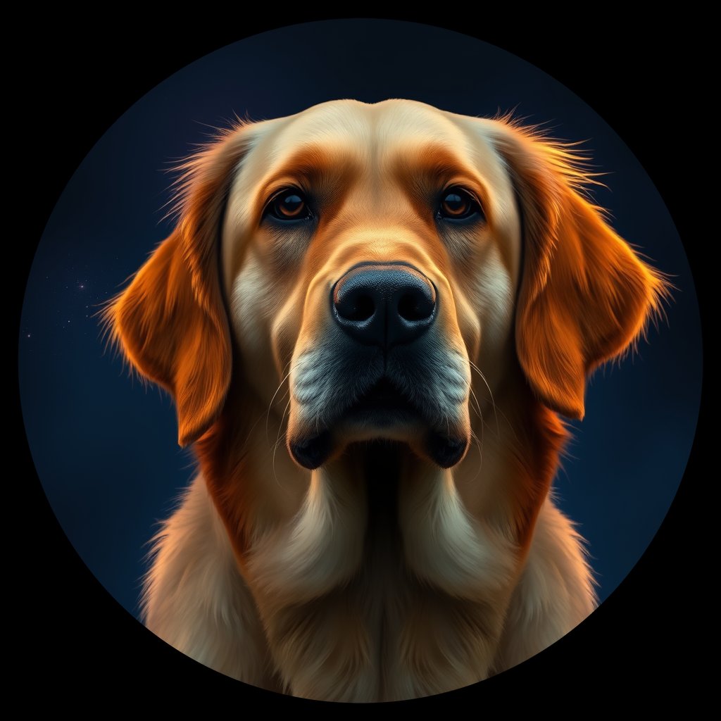 Cosmic medallion portrait of GRLS_grlsBE58TRUU, a Golden Retriever