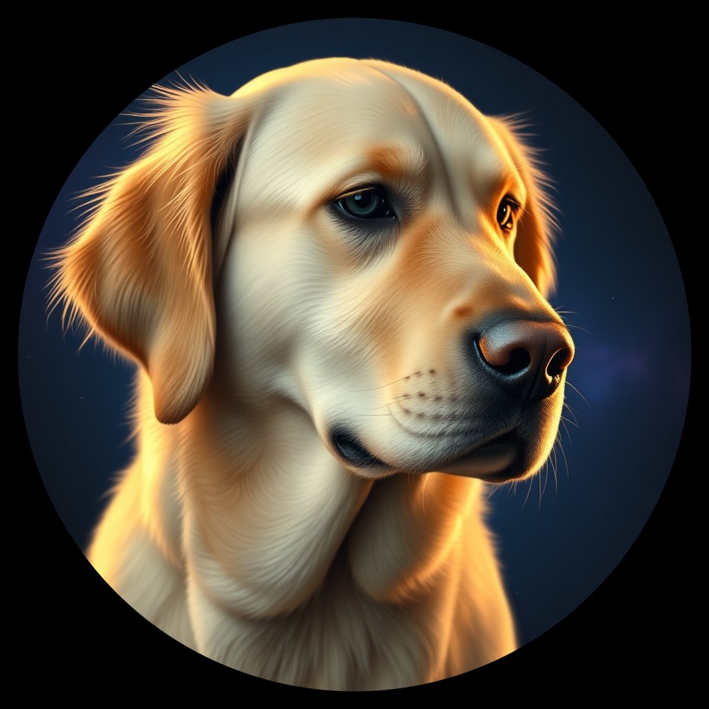 Cosmic medallion portrait of GRLS_grlsBF4T53JJ, a Golden Retriever