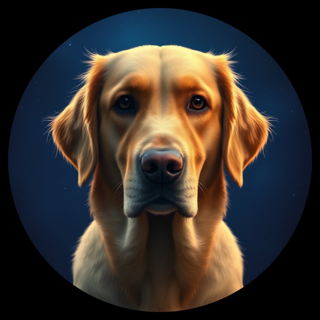Cosmic medallion portrait of GRLS_grlsBFIWWMNN, a Golden Retriever