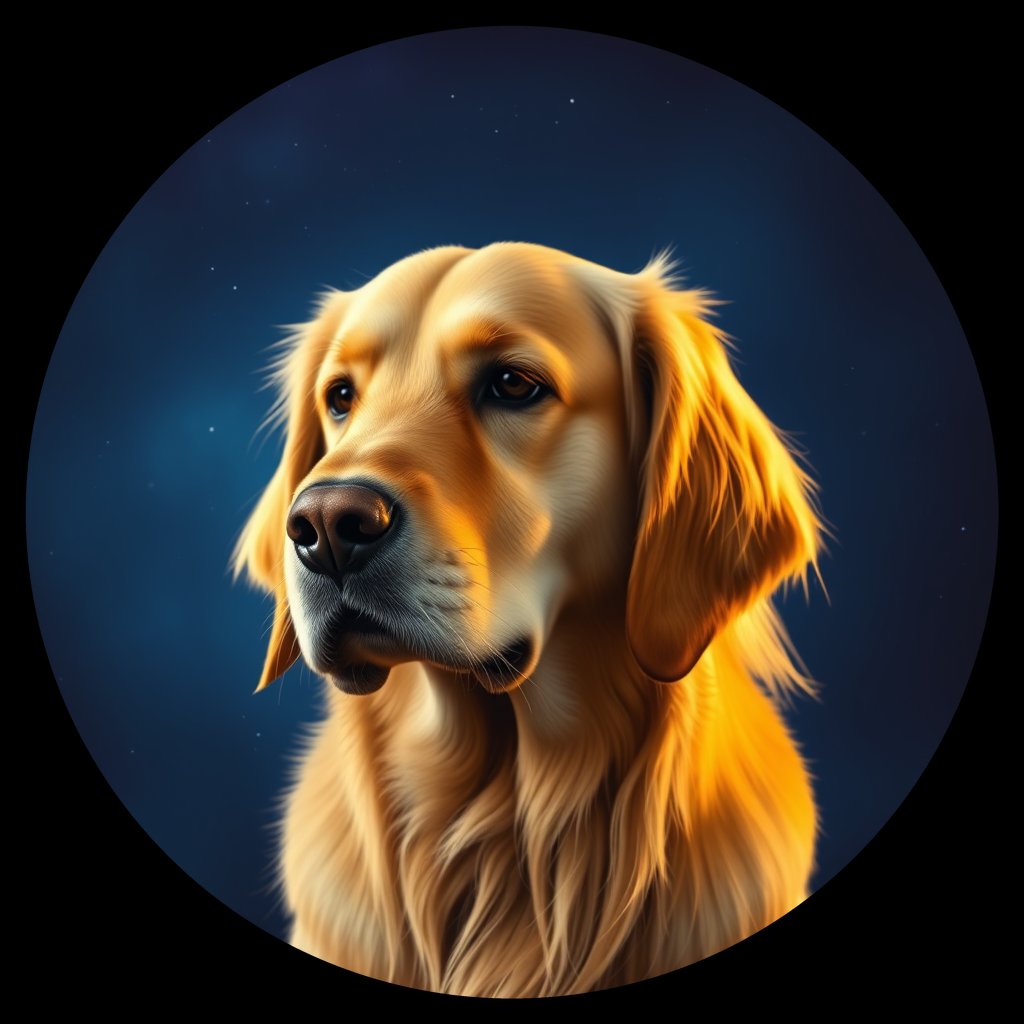 Cosmic medallion portrait of GRLS_grlsBH3SNYOO, a Golden Retriever