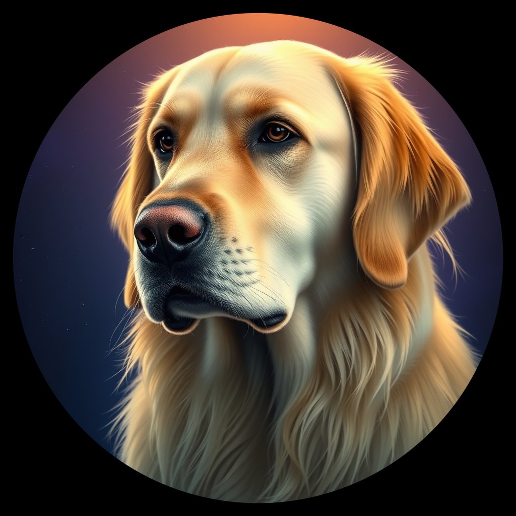 Cosmic medallion portrait of GRLS_grlsBHYS3ZEE, a Golden Retriever