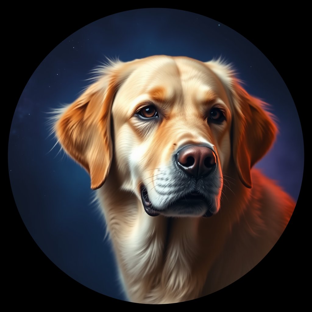 Cosmic medallion portrait of GRLS_grlsBHZYGU11, a Golden Retriever