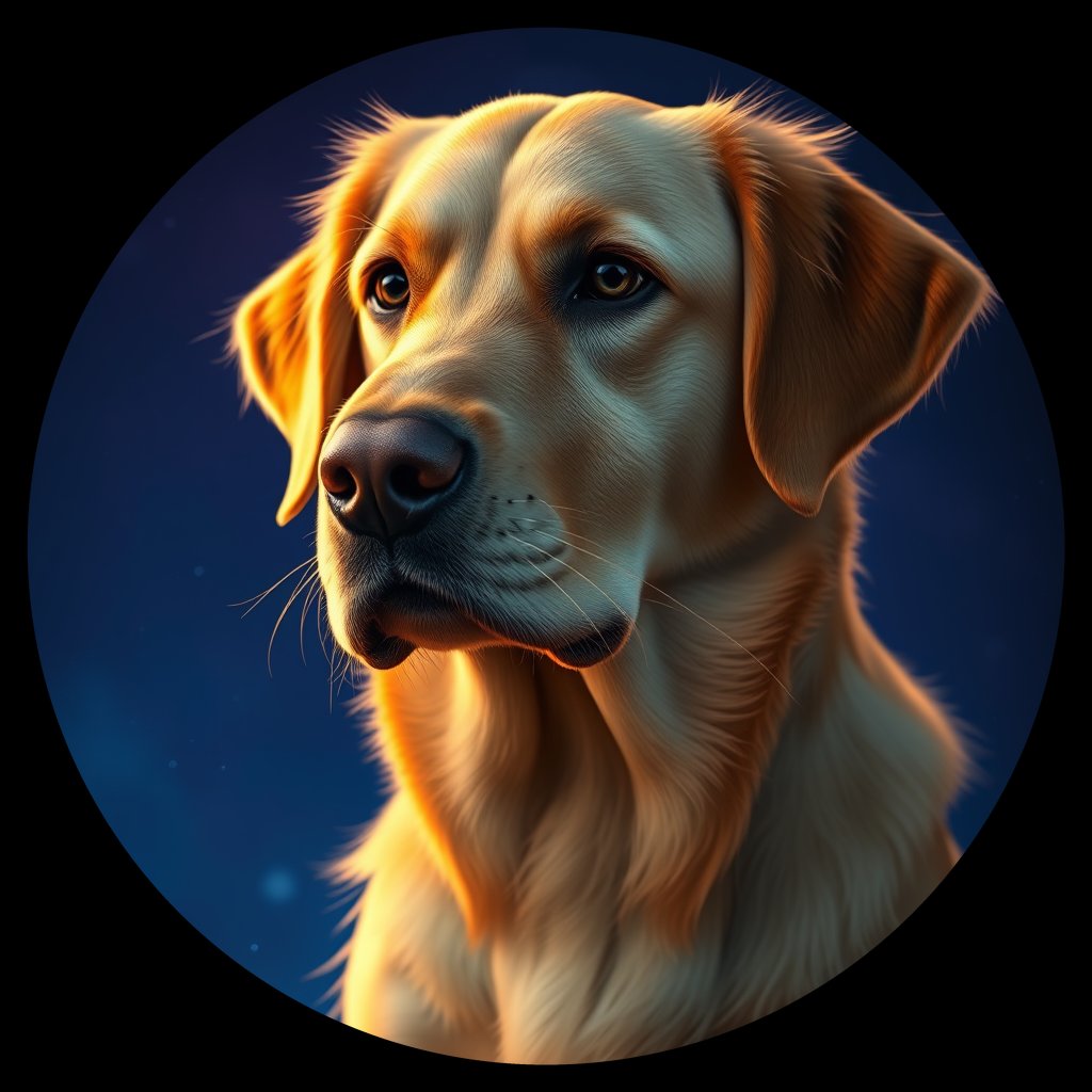 Cosmic medallion portrait of GRLS_grlsBKB4TUXX, a Golden Retriever