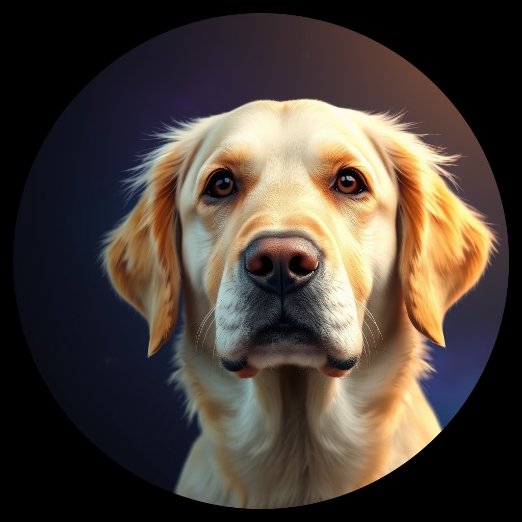 Cosmic medallion portrait of GRLS_grlsBMOEQR11, a Golden Retriever