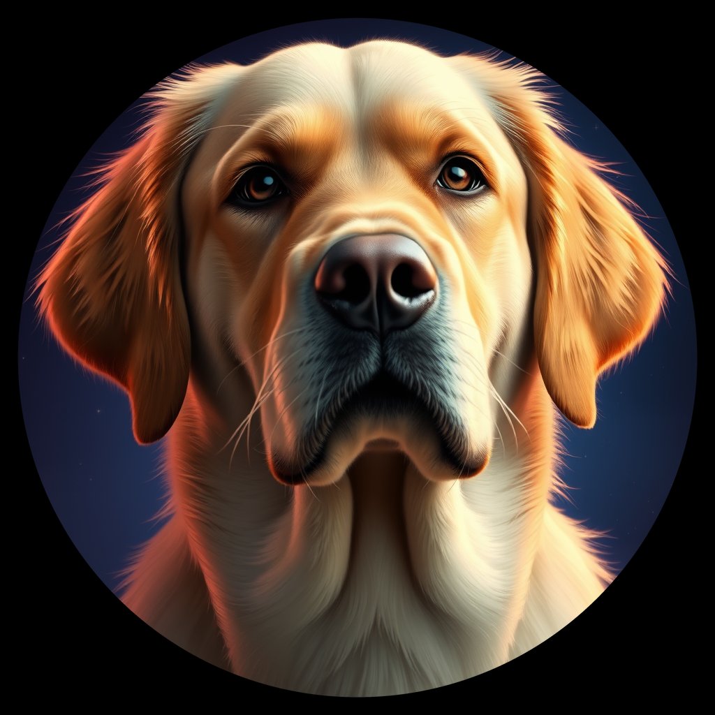 Cosmic medallion portrait of GRLS_grlsBO29BWSS, a Golden Retriever