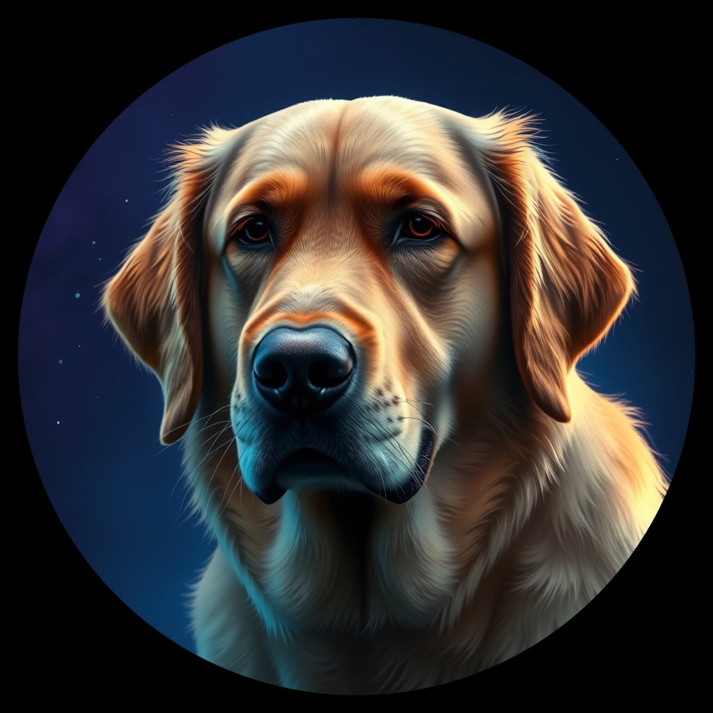Cosmic medallion portrait of GRLS_grlsBP6CTLTT, a Golden Retriever