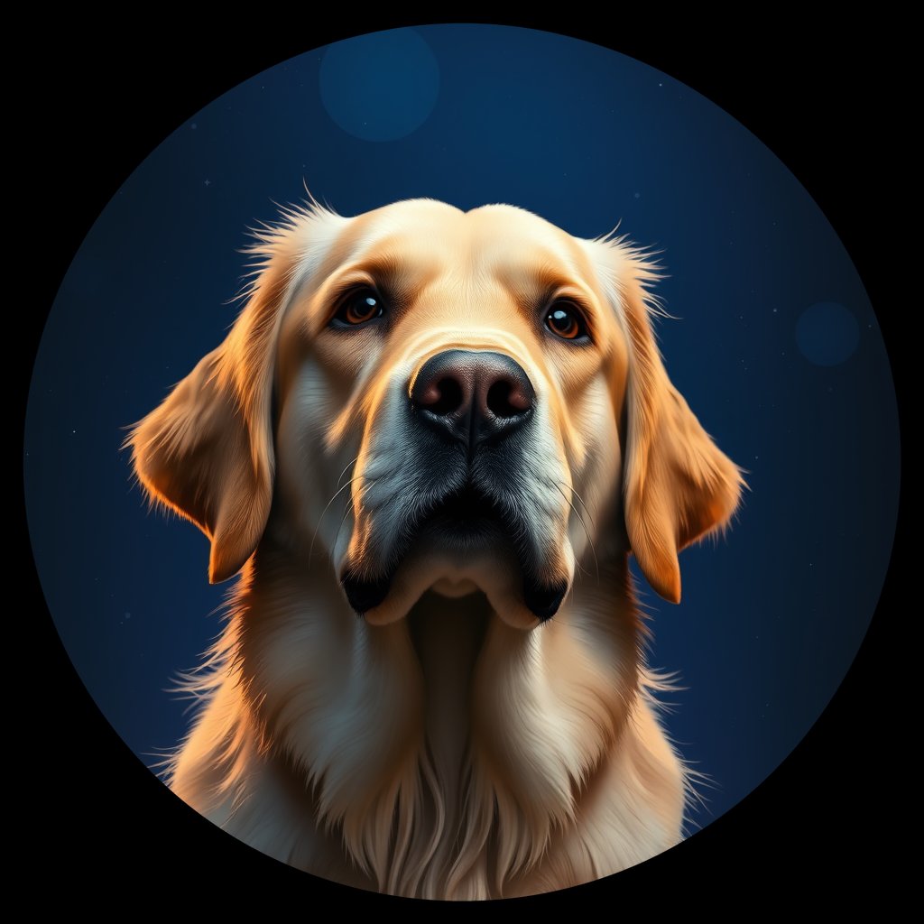 Cosmic medallion portrait of GRLS_grlsBRU738NN, a Golden Retriever