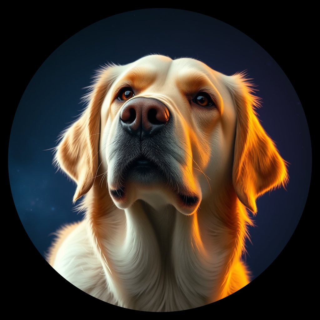 Cosmic medallion portrait of GRLS_grlsBSWQLPZZ, a Golden Retriever