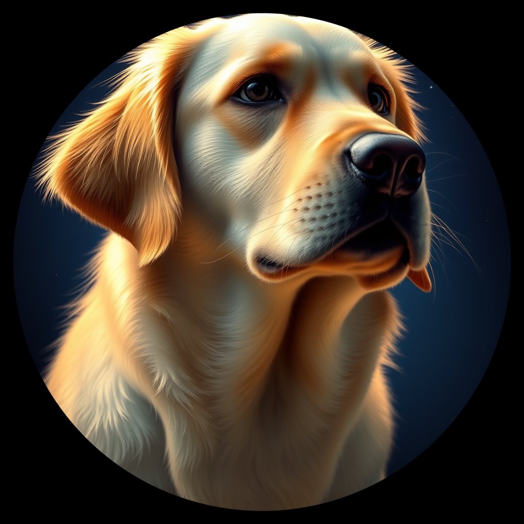 Cosmic medallion portrait of GRLS_grlsC6XXSJJ, a Golden Retriever