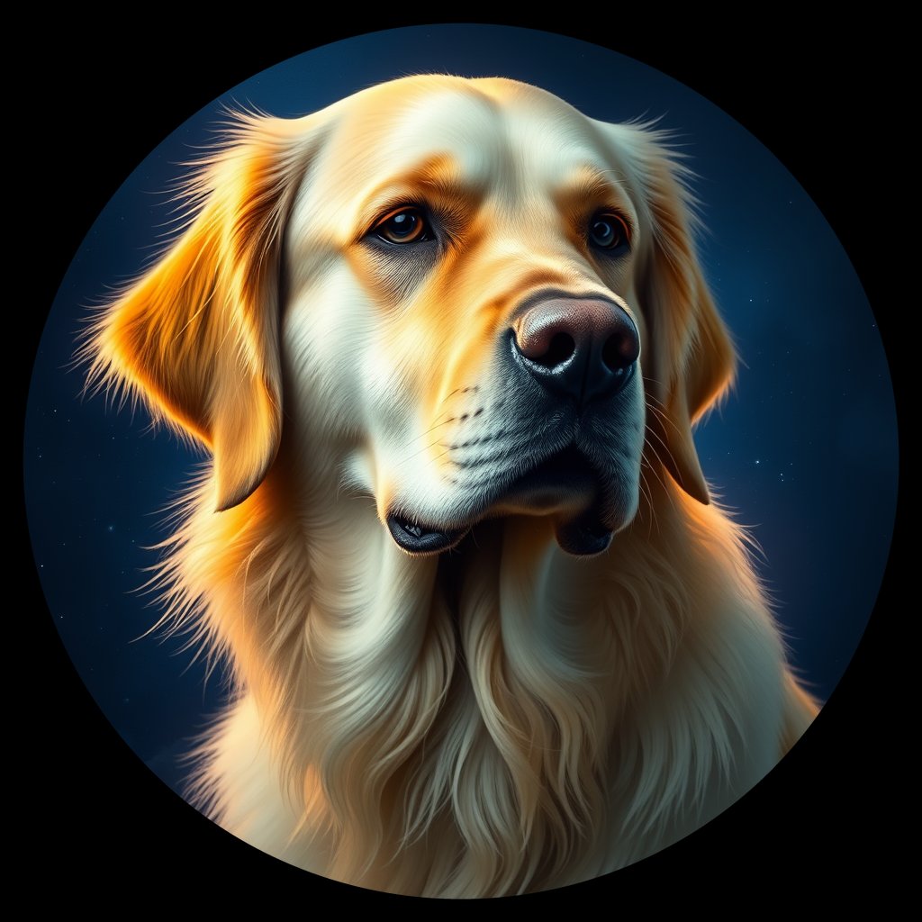 Cosmic medallion portrait of GRLS_grlsC9B96YUU, a Golden Retriever