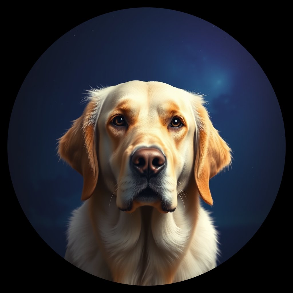 Cosmic medallion portrait of GRLS_grlsCCG2I3EE, a Golden Retriever