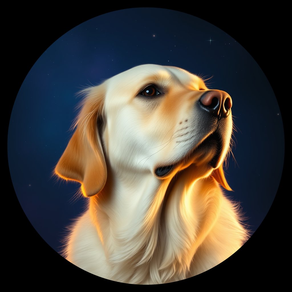 Cosmic medallion portrait of GRLS_grlsCF3EMZLL, a Golden Retriever