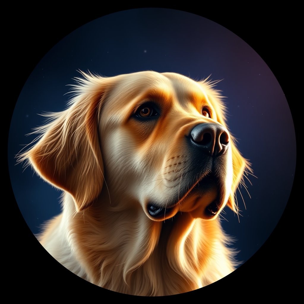 Cosmic medallion portrait of GRLS_grlsCIKG01XX, a Golden Retriever