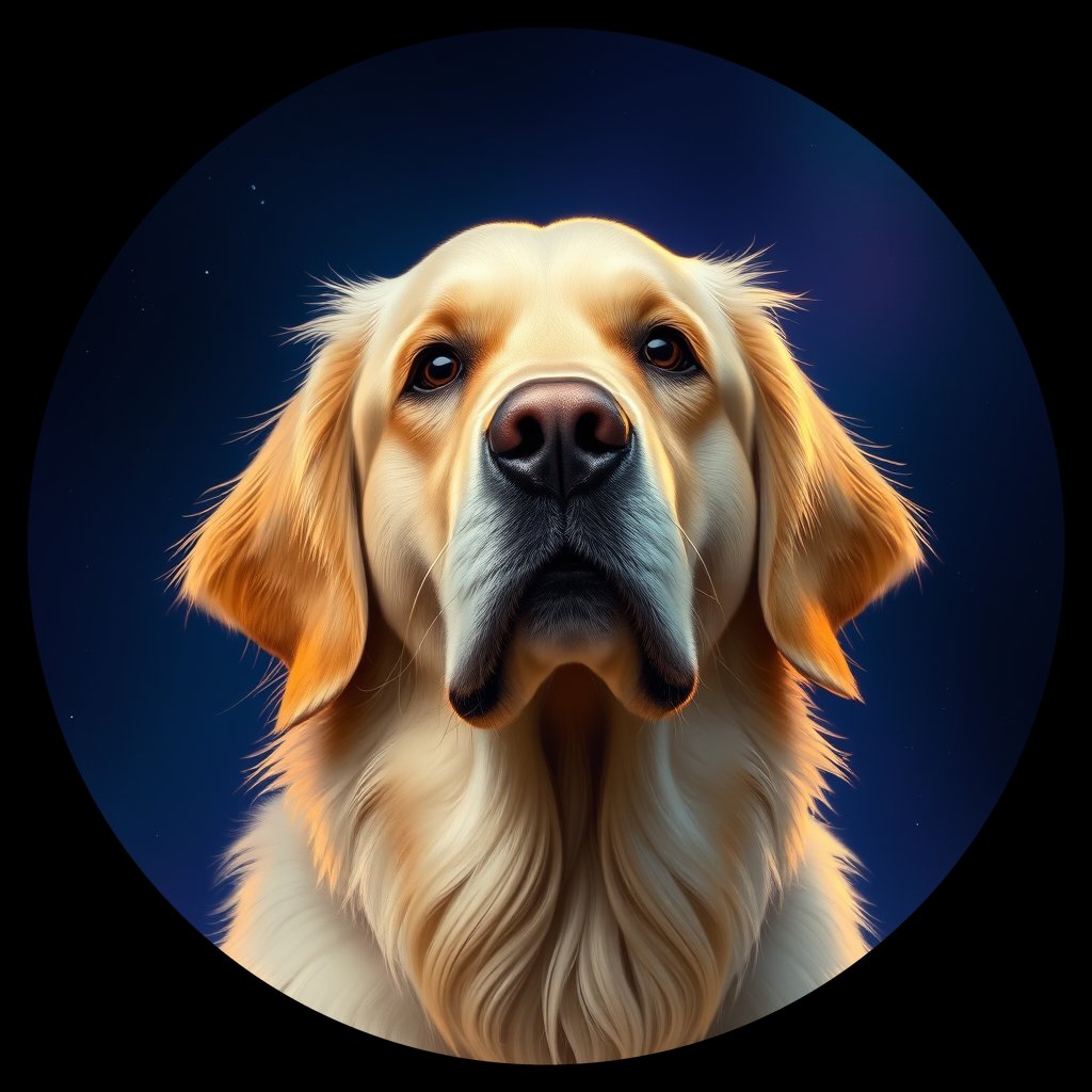 Cosmic medallion portrait of GRLS_grlsCK4B7LSS, a Golden Retriever