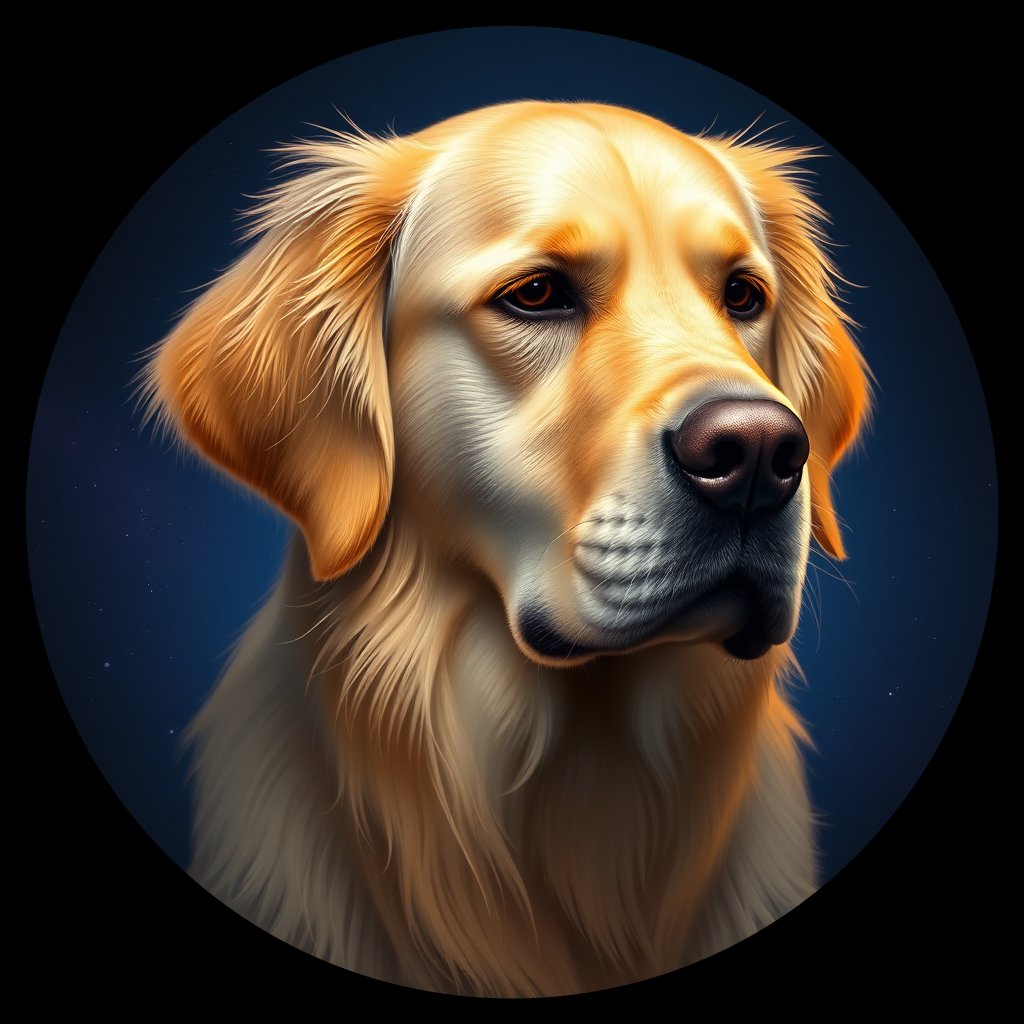 Cosmic medallion portrait of GRLS_grlsCMPJ122, a Golden Retriever
