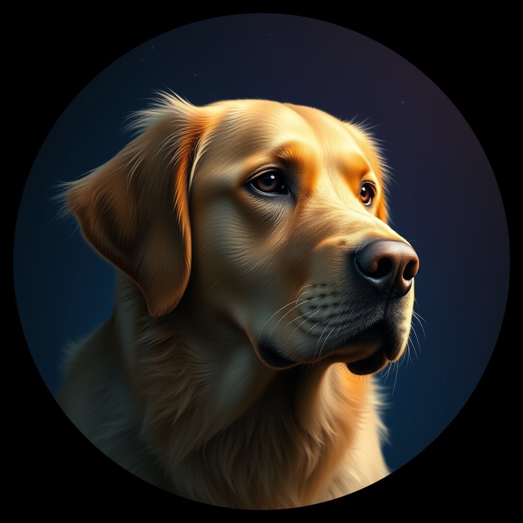 Cosmic medallion portrait of GRLS_grlsCP1HGMJJ, a Golden Retriever