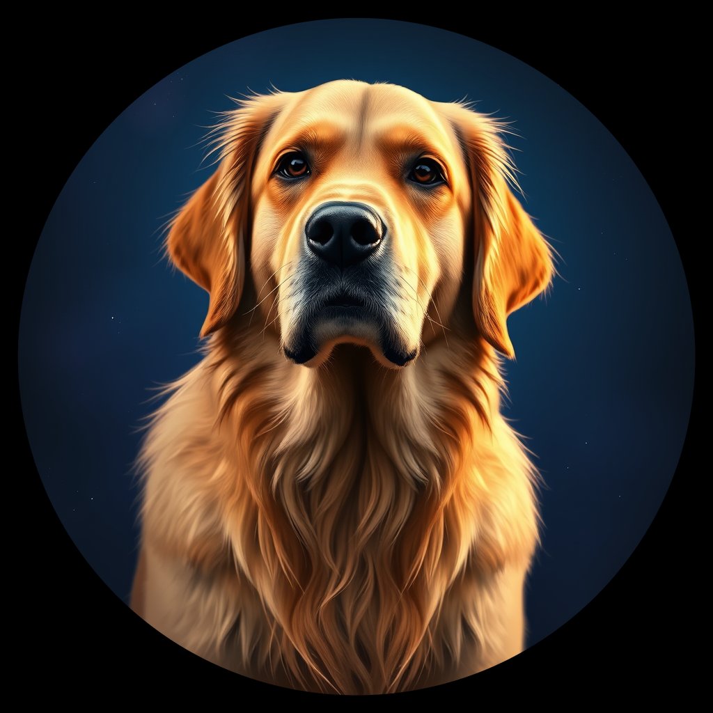 Cosmic medallion portrait of GRLS_grlsCQ3RPWKK, a Golden Retriever