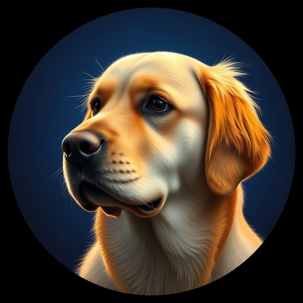 Cosmic medallion portrait of GRLS_grlsCQG3CGNN, a Golden Retriever