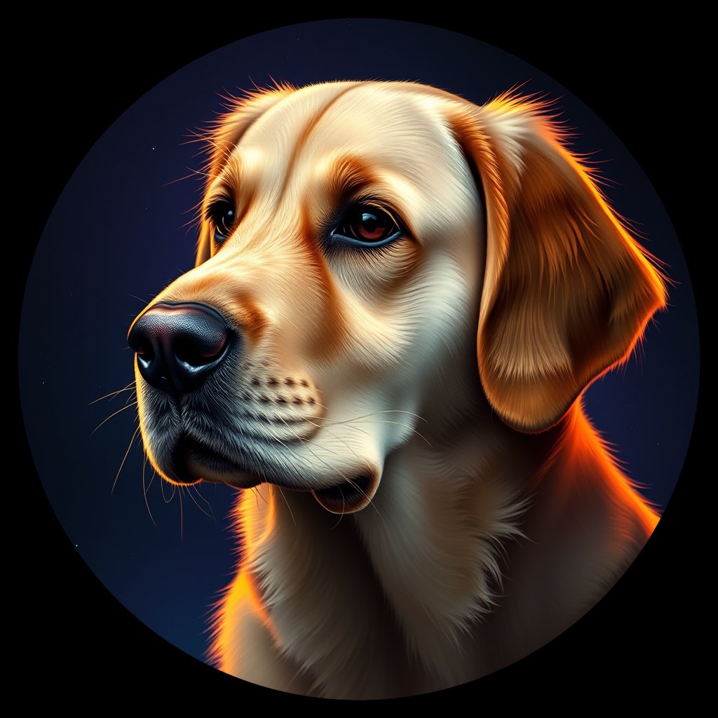Cosmic medallion portrait of GRLS_grlsCQGQFYAA, a Golden Retriever