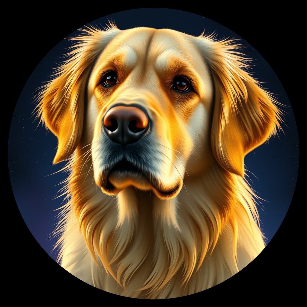 Cosmic medallion portrait of GRLS_grlsCQM5YQQ, a Golden Retriever