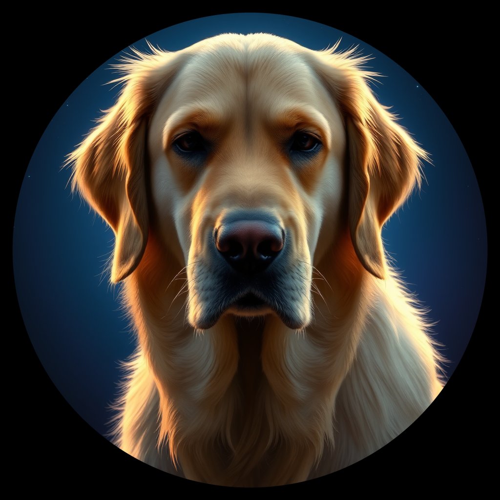Cosmic medallion portrait of GRLS_grlsCR9BWCVV, a Golden Retriever