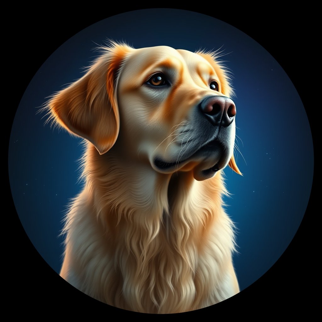 Cosmic medallion portrait of GRLS_grlsCXF6PBOO, a Golden Retriever