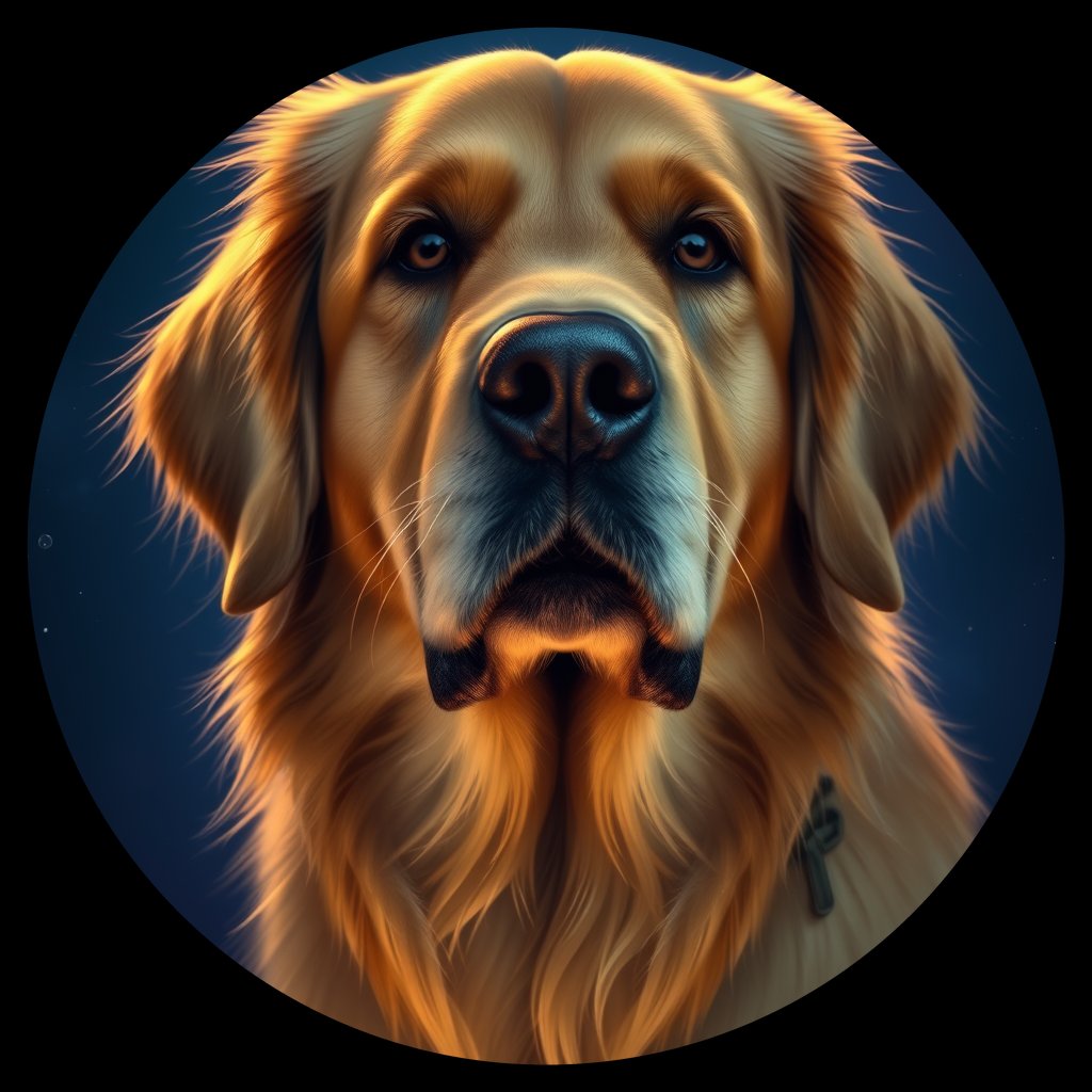 Cosmic medallion portrait of GRLS_grlsCXF8O7EE, a Golden Retriever