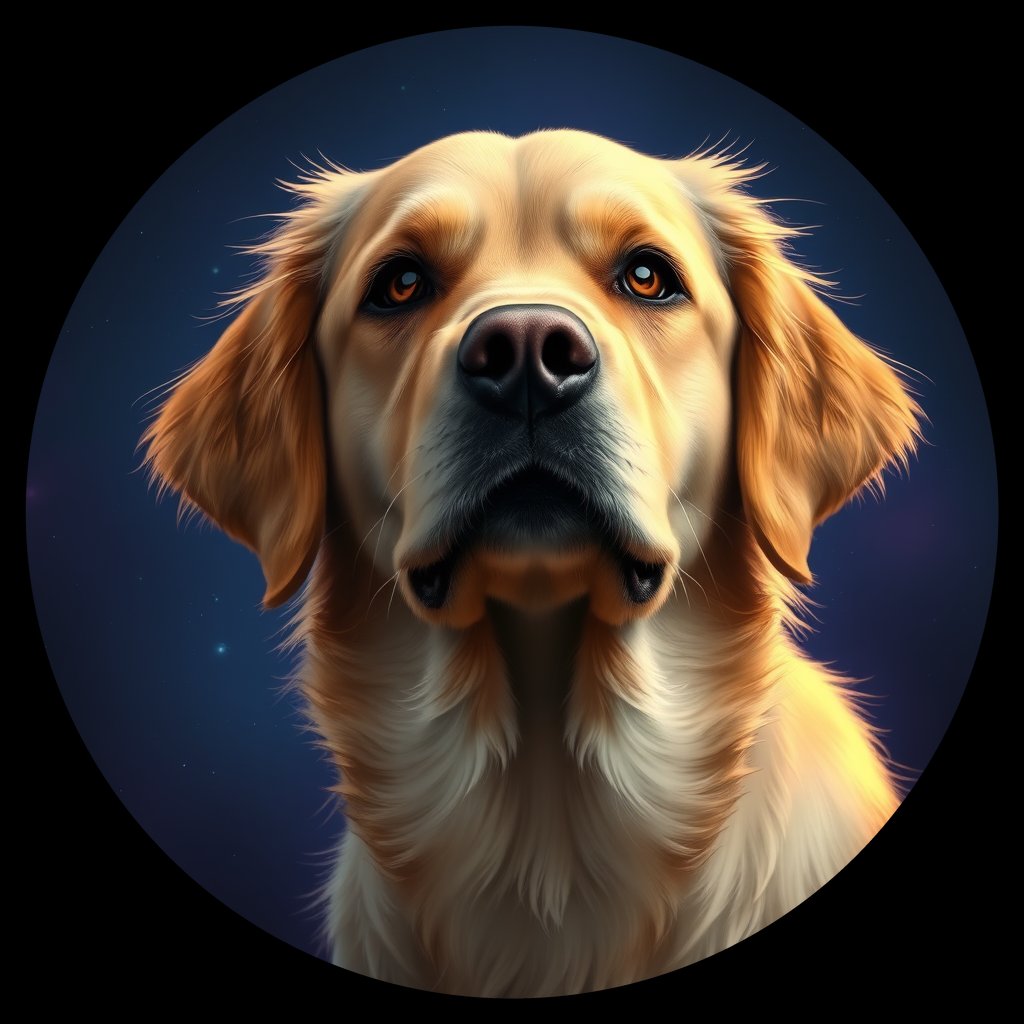 Cosmic medallion portrait of GRLS_grlsD0EV1NN, a Golden Retriever