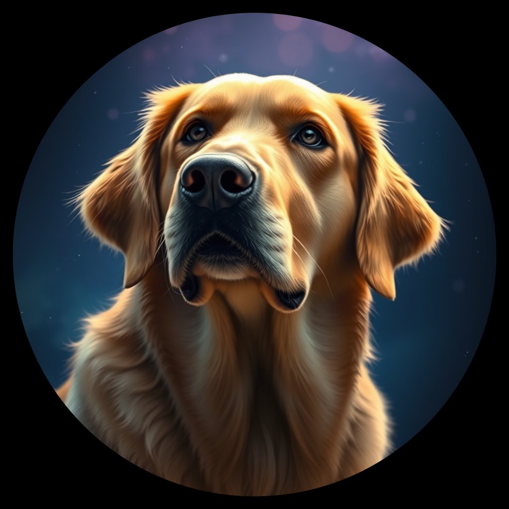 Cosmic medallion portrait of GRLS_grlsD3O0F7NN, a Golden Retriever