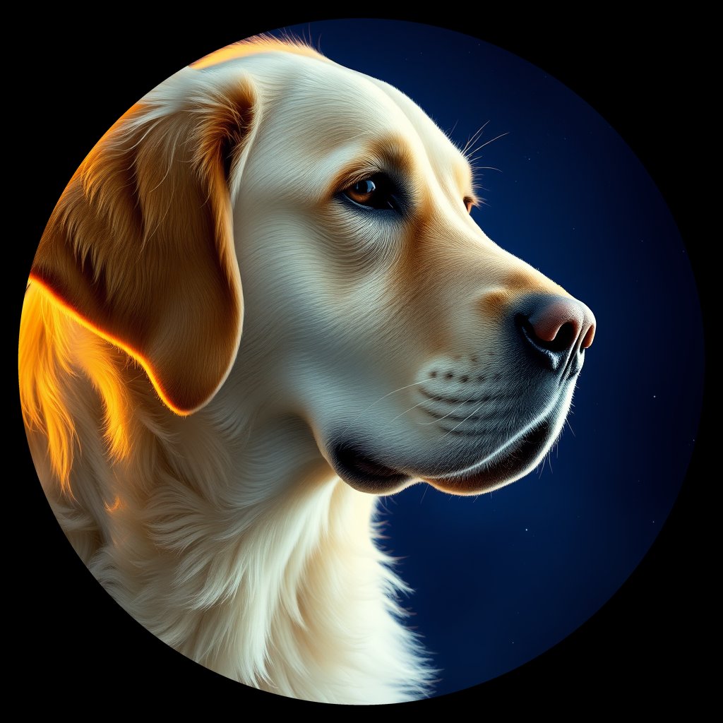 Cosmic medallion portrait of GRLS_grlsD67R1LRR, a Golden Retriever