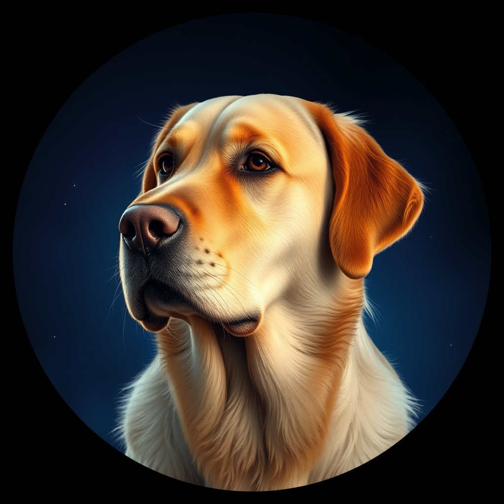 Cosmic medallion portrait of GRLS_grlsD9A0MJJJ, a Golden Retriever