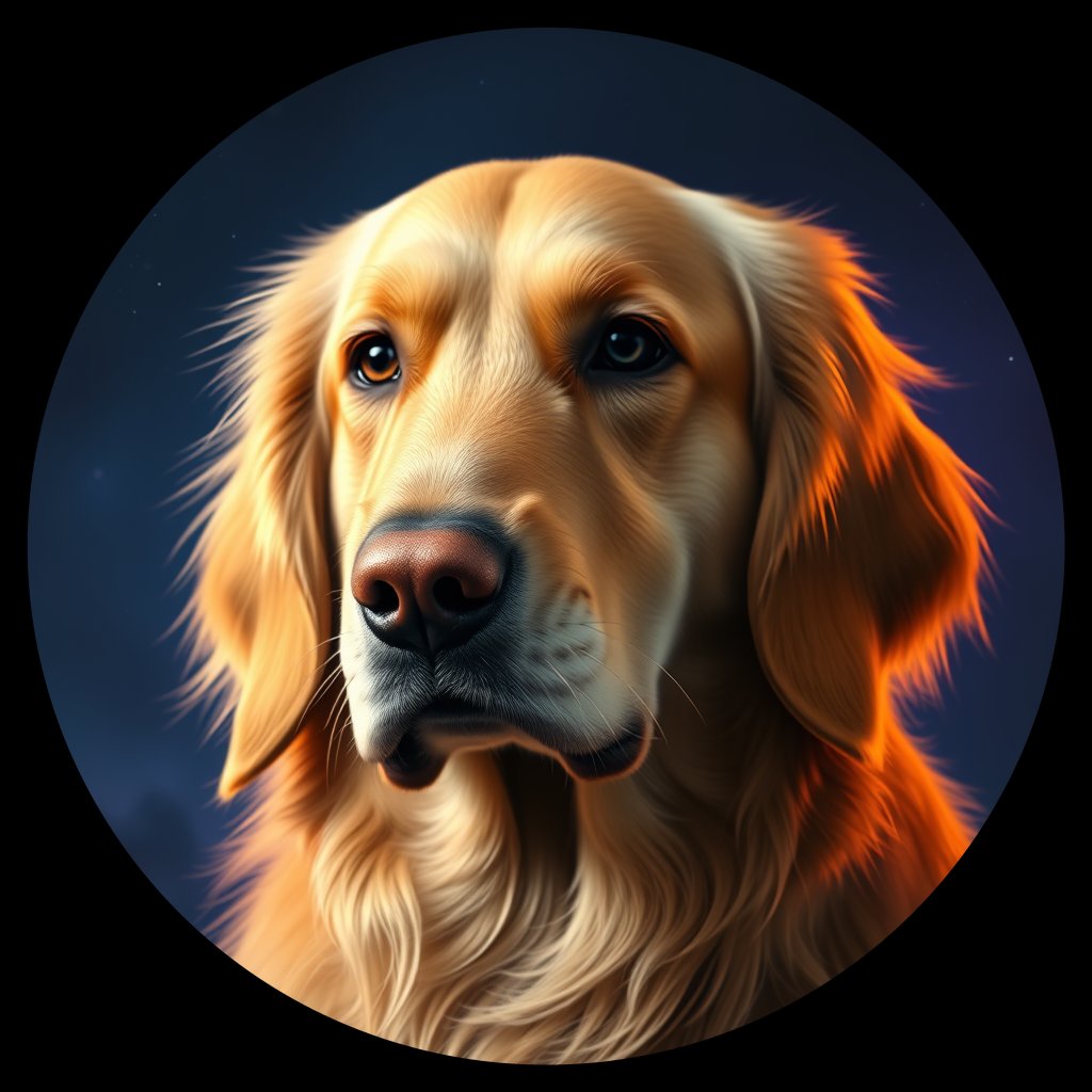 Cosmic medallion portrait of GRLS_grlsDCRPXGMM, a Golden Retriever