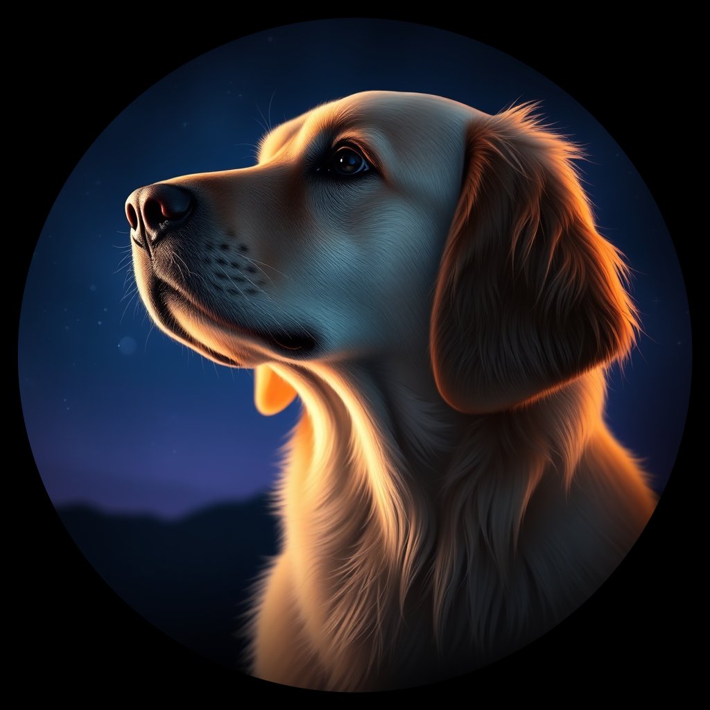 Cosmic medallion portrait of GRLS_grlsDEDRORVV, a Golden Retriever