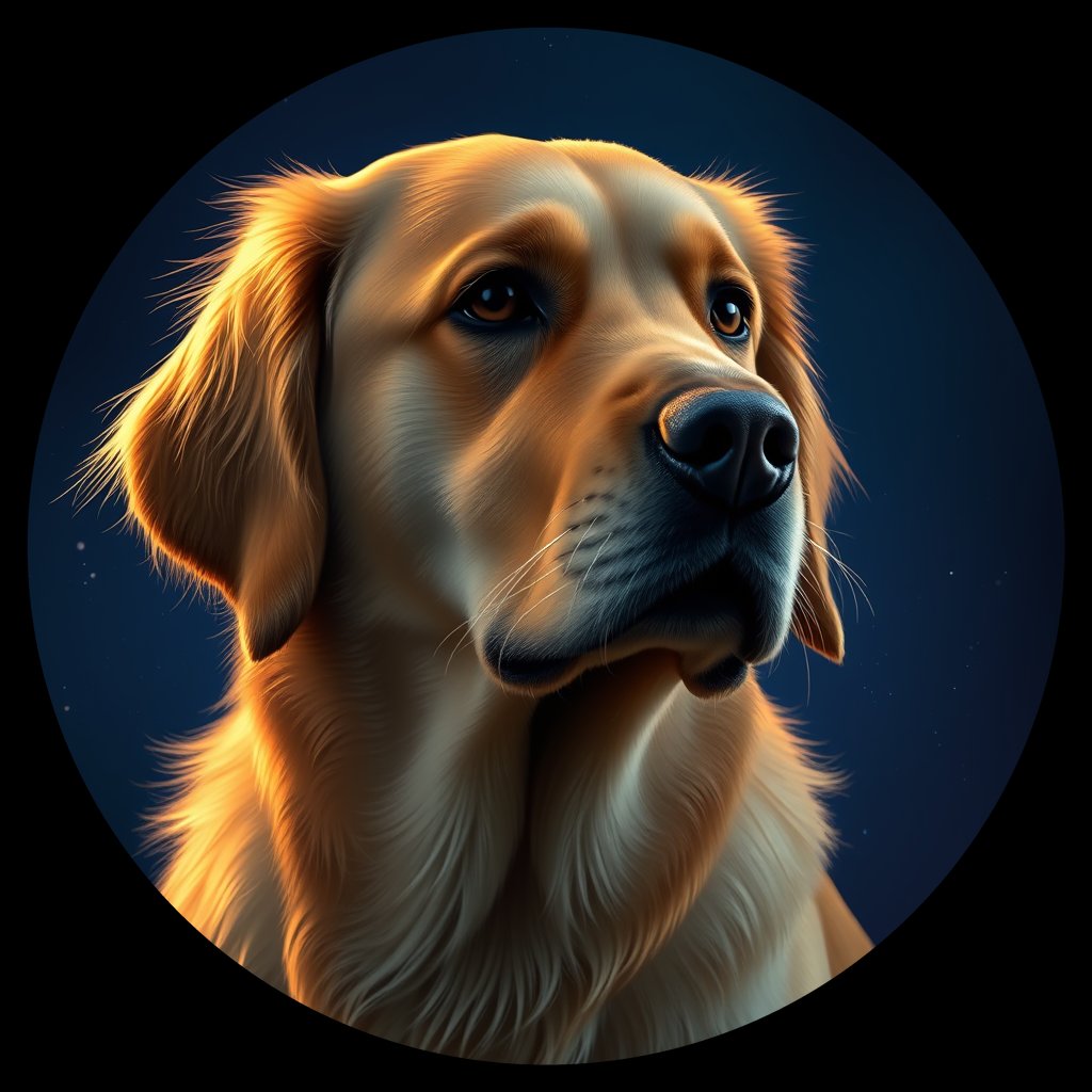 Cosmic medallion portrait of GRLS_grlsDEMKZM88, a Golden Retriever