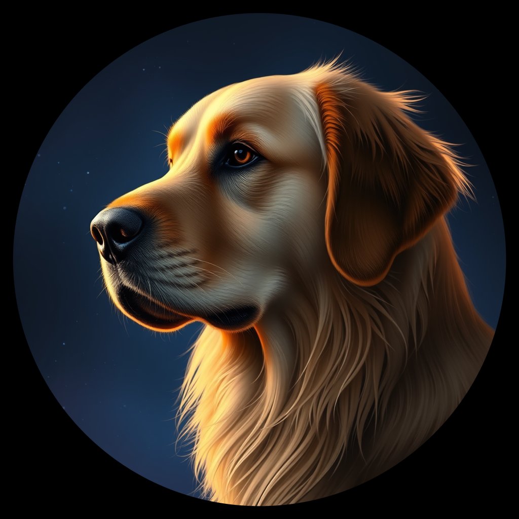 Cosmic medallion portrait of GRLS_grlsDFAV444, a Golden Retriever