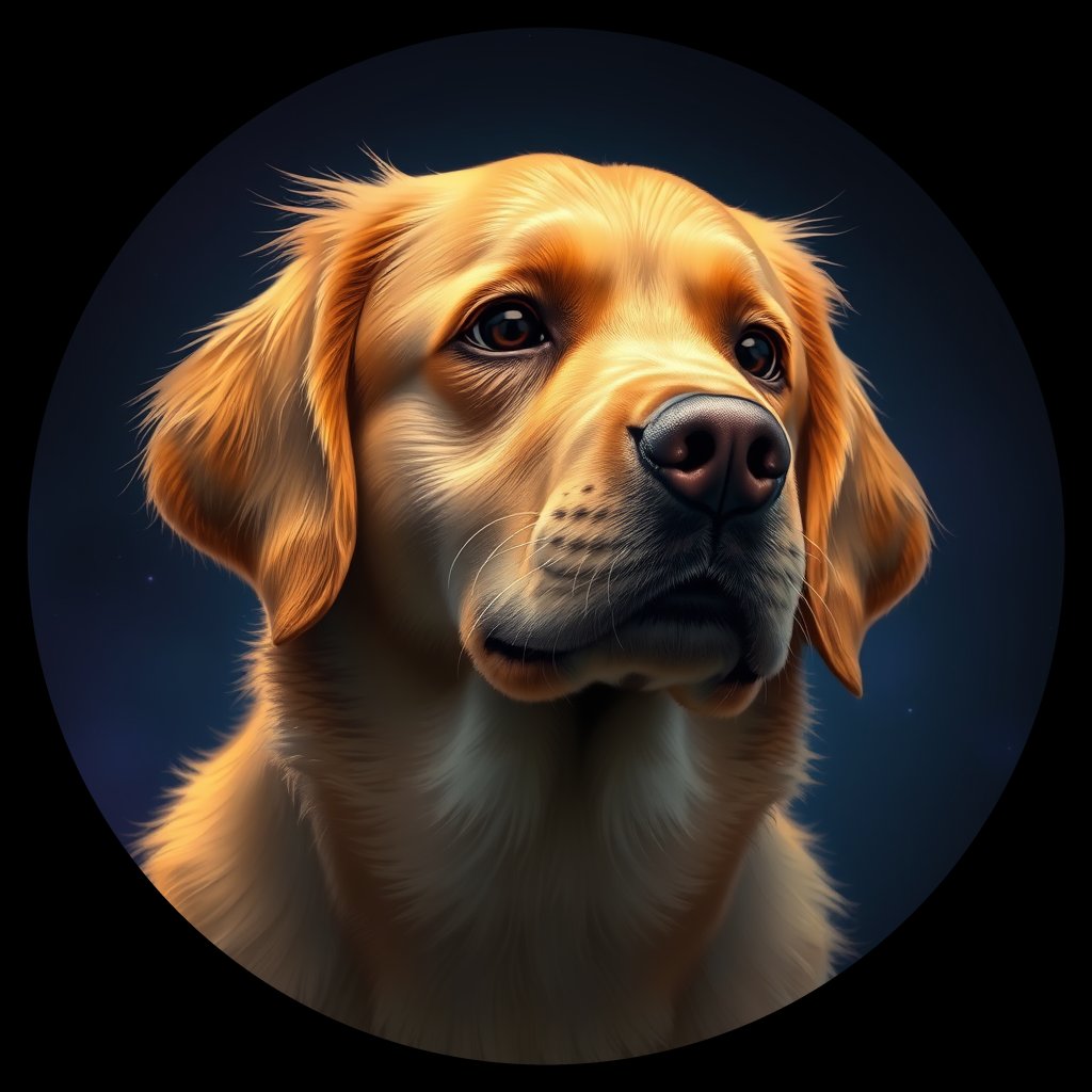 Cosmic medallion portrait of GRLS_grlsDHC8DYY, a Golden Retriever