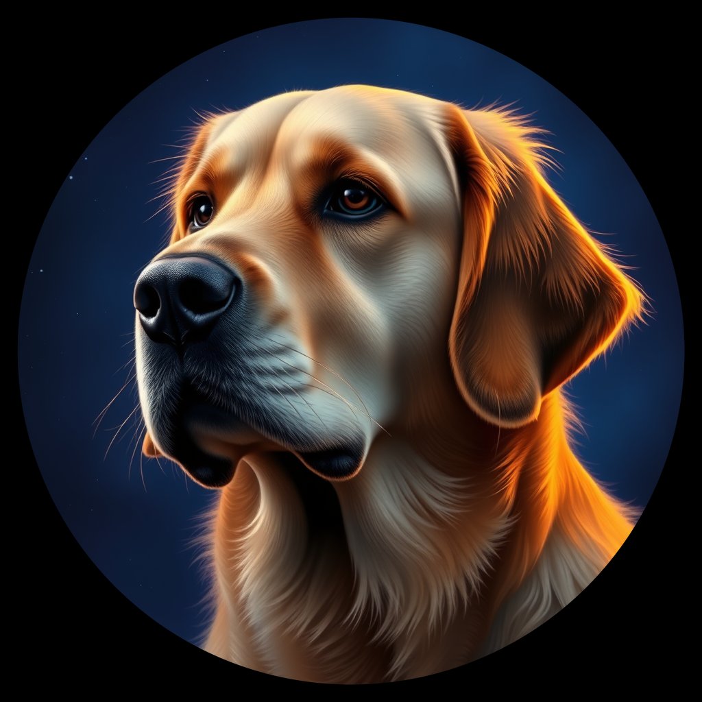 Cosmic medallion portrait of GRLS_grlsDI1TMMZZ, a Golden Retriever