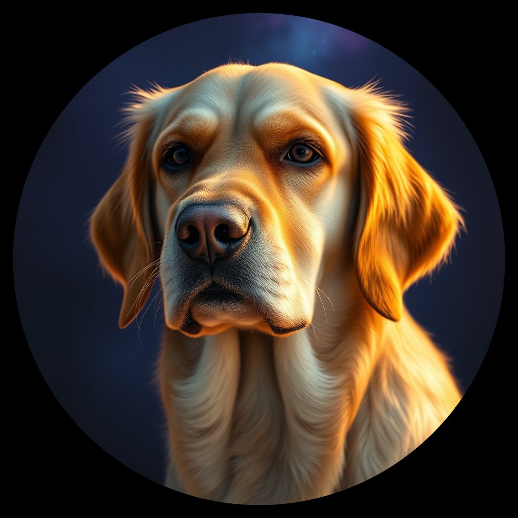 Cosmic medallion portrait of GRLS_grlsDLTFLPZZ, a Golden Retriever