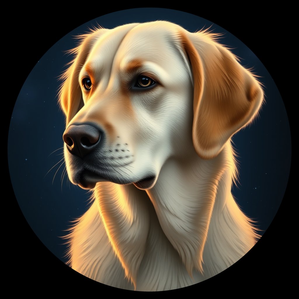 Cosmic medallion portrait of GRLS_grlsDP2SGJ, a Golden Retriever