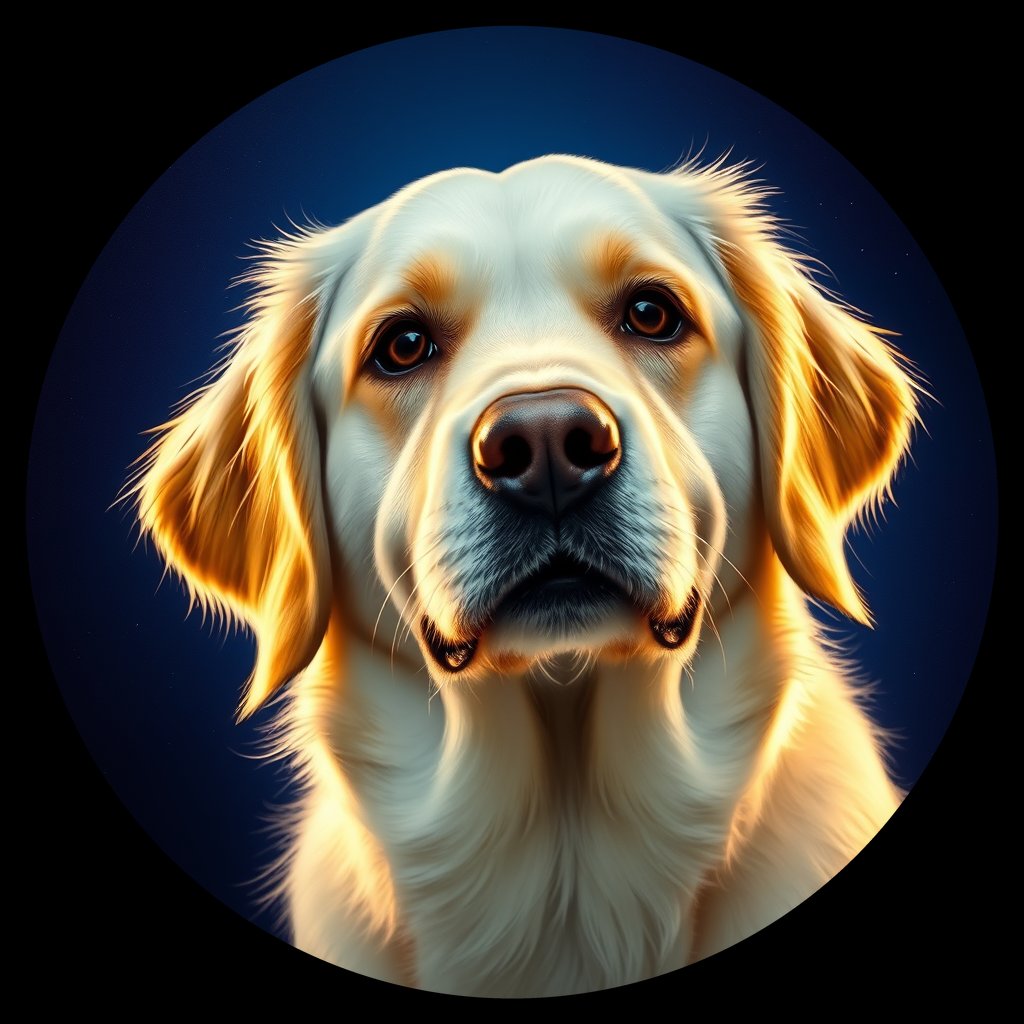 Cosmic medallion portrait of GRLS_grlsDQLYSSZZ, a Golden Retriever