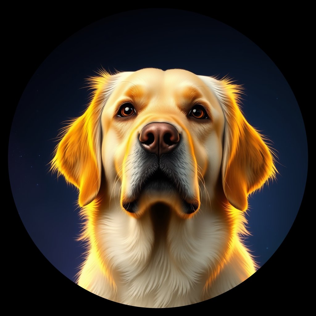 Cosmic medallion portrait of GRLS_grlsDSSQ5M66, a Golden Retriever