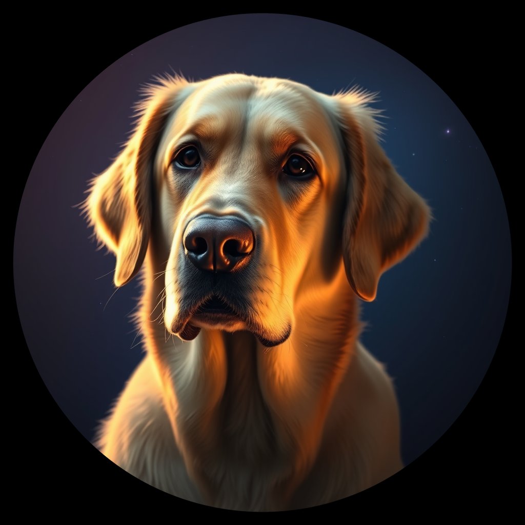 Cosmic medallion portrait of GRLS_grlsDTRSLSFF, a Golden Retriever