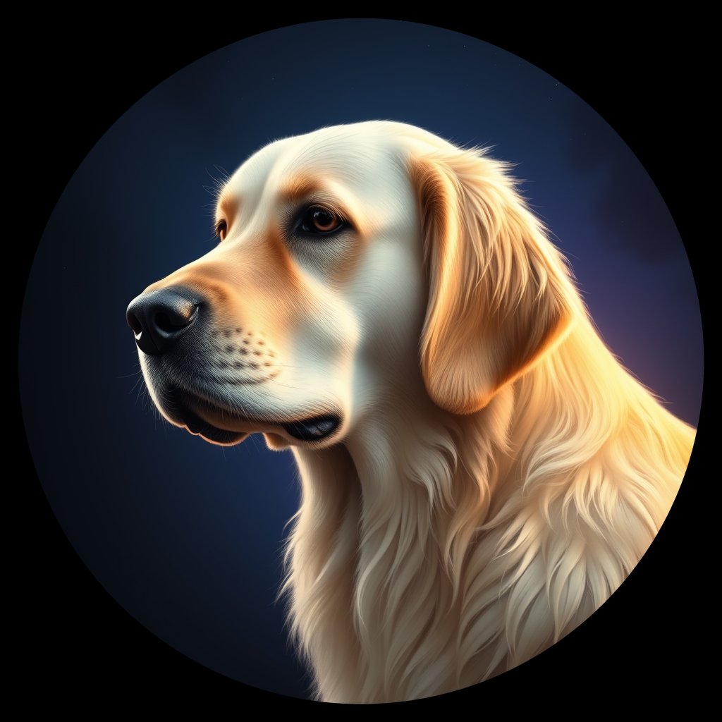 Cosmic medallion portrait of GRLS_grlsDVEQDJMM, a Golden Retriever