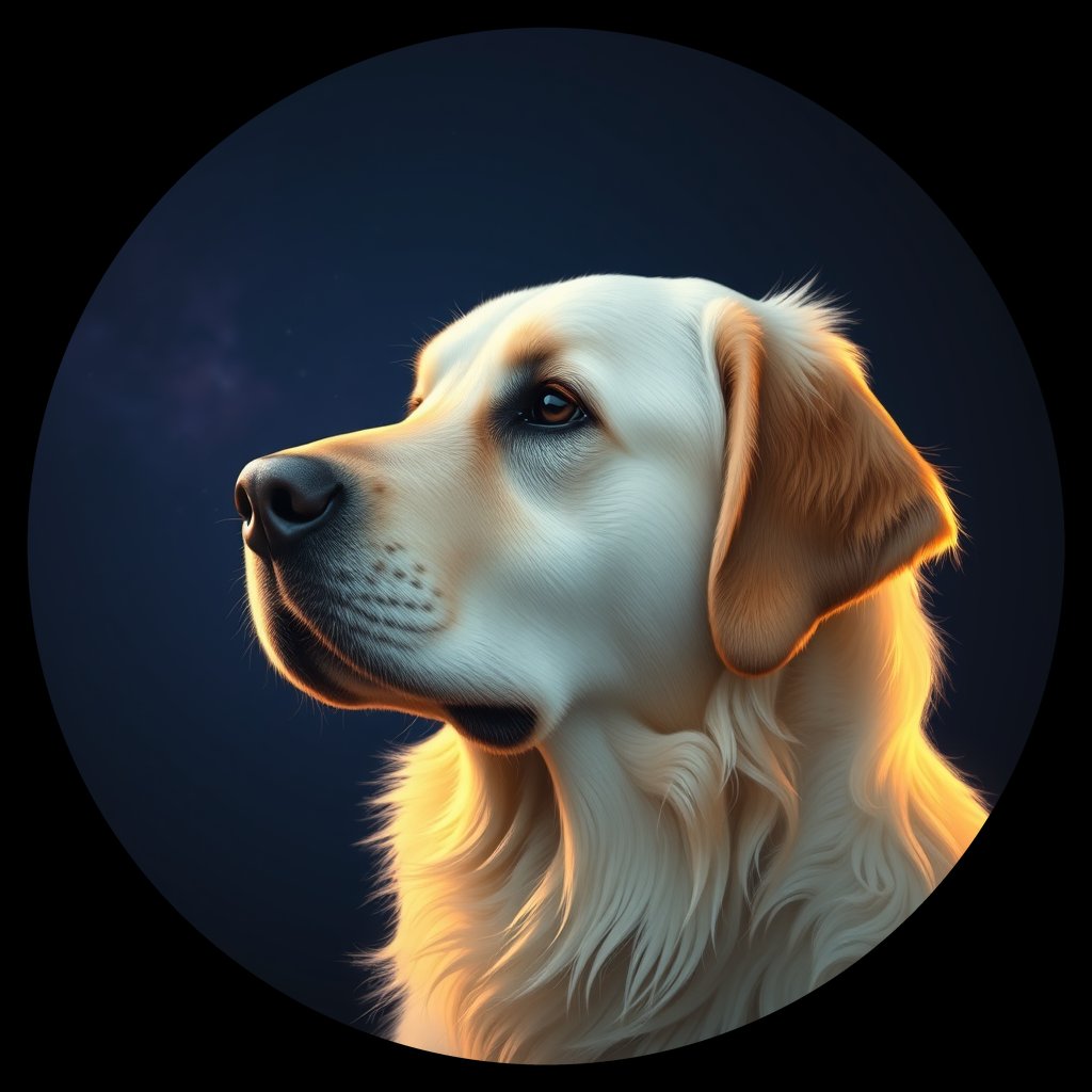 Cosmic medallion portrait of GRLS_grlsDZHFSRMM, a Golden Retriever