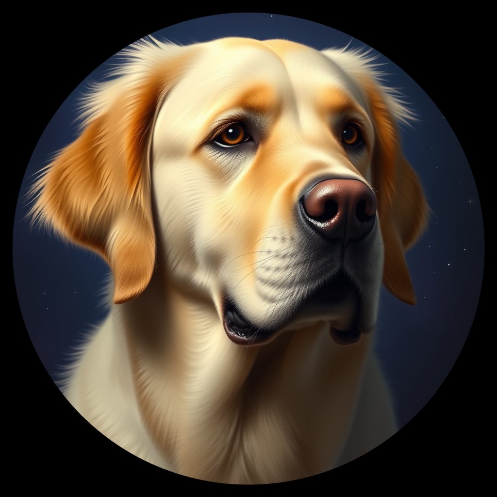 Cosmic medallion portrait of GRLS_grlsE0OXG9PP, a Golden Retriever
