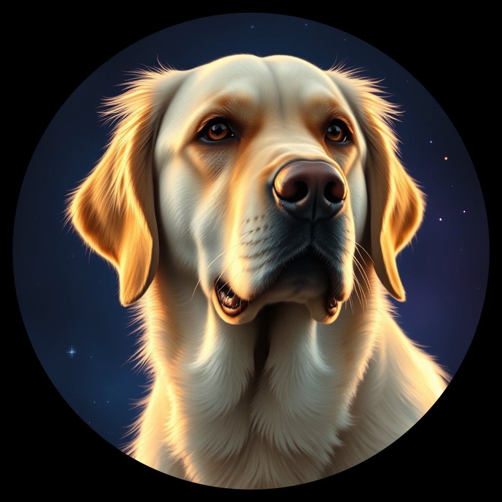 Cosmic medallion portrait of GRLS_grlsE0PPYZOO, a Golden Retriever