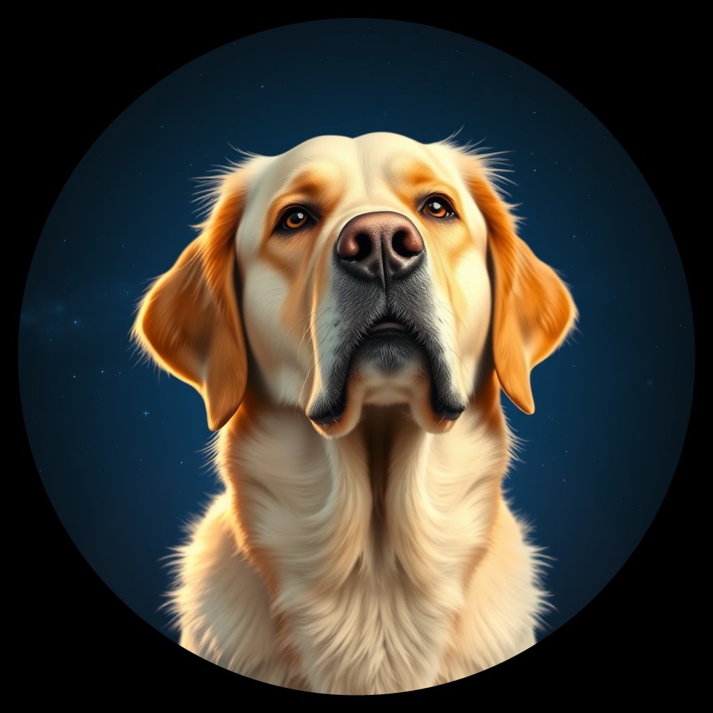 Cosmic medallion portrait of GRLS_grlsE35J4WSS, a Golden Retriever